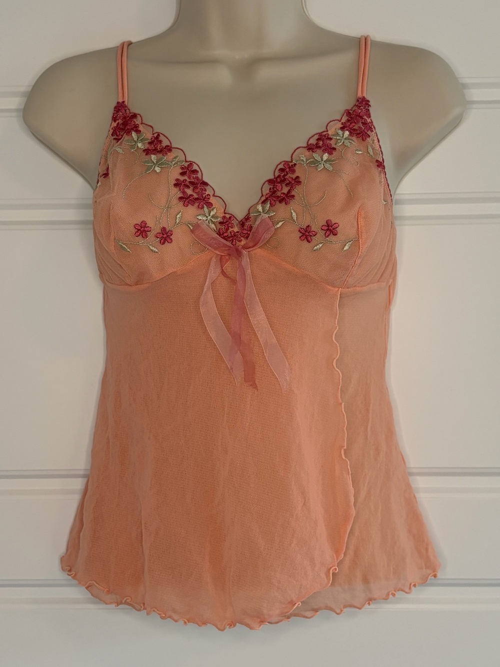 VTG Victoria's Secret Floral Mesh Babydoll Camisole Sheer Y2K Coquette M Peach